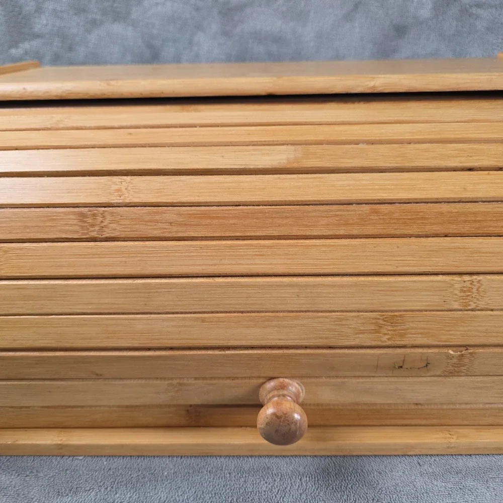 Large Rolltop Bamboo Wood Bread Box Light Natural Wood Grain